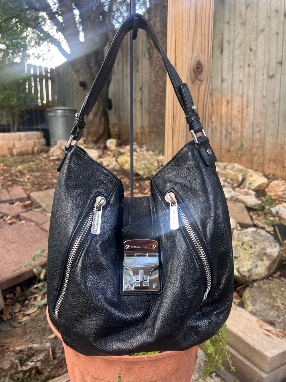 Michael Kors Addie Large Hobo Black Leather Shoulder Bag with Silver Hardware